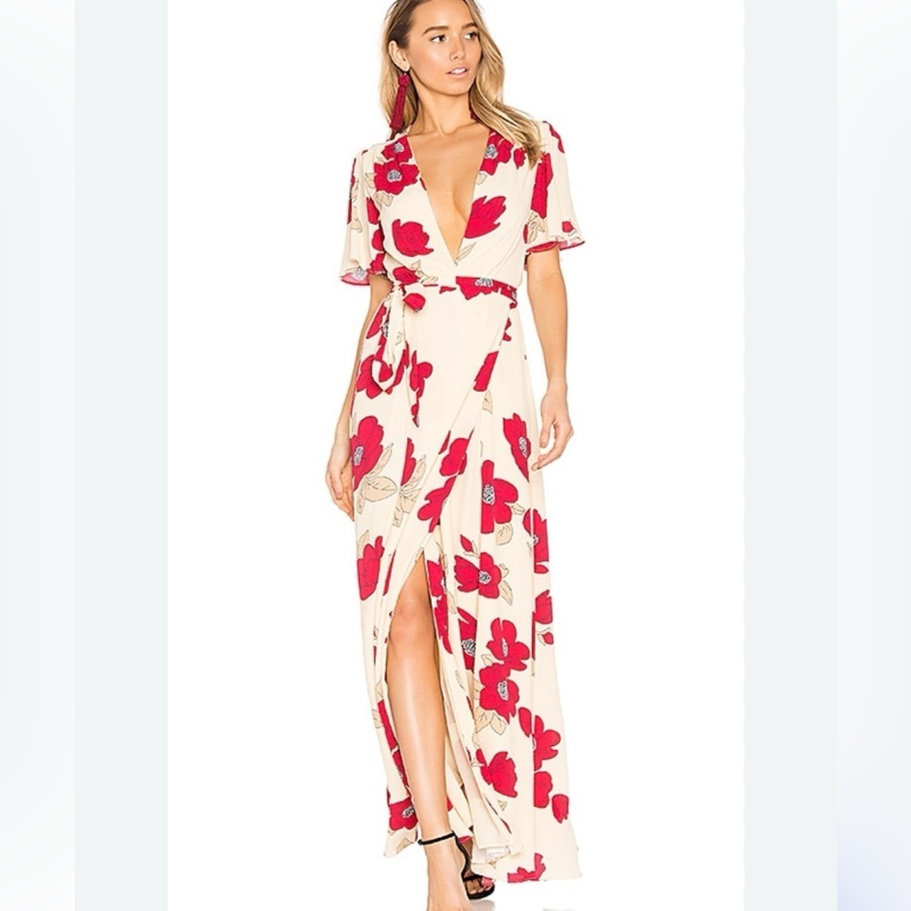 Cream Floral Wrap Maxi Dress with Red Print